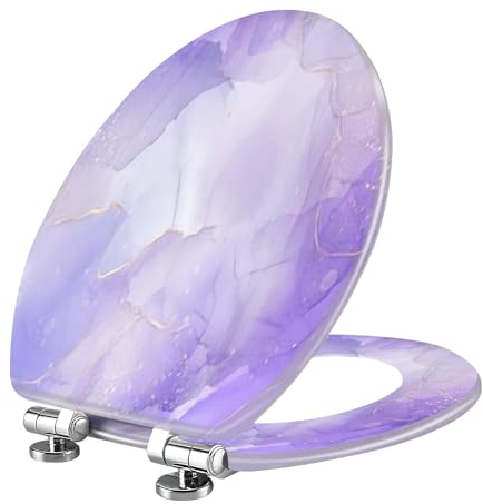 Langer Toilettensitz, Violett, Lavendel, flüssig, Aquarell, Marmor, goldene Linien, Pastellviolett, Harz, langsames Schließen, mit Schnellverschluss-Scharnieren, WC-Sitz mit Deckel, leicht zu reinigen