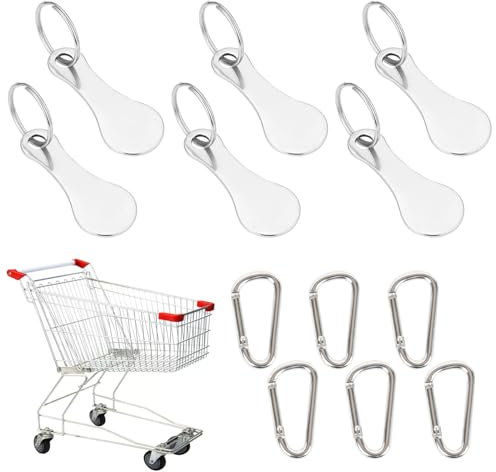 Chip De Carrito, Chip del Carrello Della Spesa, 6 Piezas Extractor De Carro De La Compra De Acero Inoxidable, Llave del Carro De La Compra, Fichas De Carrito De Compras con 3 Mosquetones(Plata)