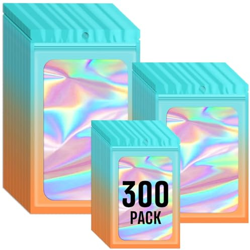 Funfery 300 Pack 3 Size Mylar Holographic Bags with Clear Window,Resealable Bag Smell Proof Foil Baggies Packaging Pouch for Food Storage,Sample,Small Business(Blue Orange,3x4.7,4x6,4.7x7.9in)