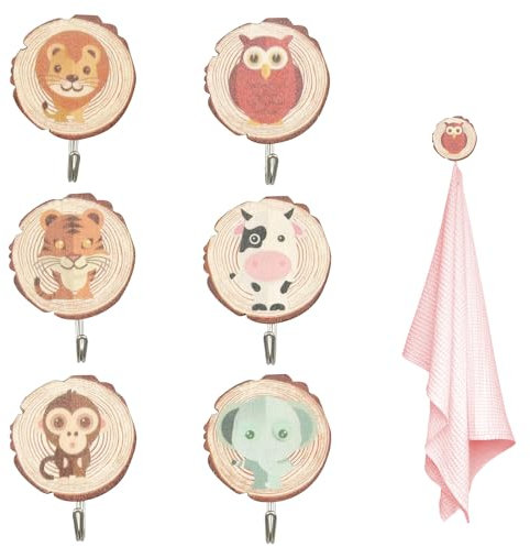 XoeLLe Kids Coat Hooks 6Pcs Cute Cartoon Self Adhesive Hooks Wooden Hook Adhesive Sticky Hooks Animal Wooden Wall Hook Self-Adhesive Children's Coat Hooks for Towel, Clothes, Key, Backpacks and Hats