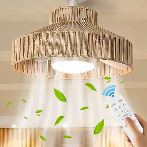 Ventilateurs de Plafond avec Lumière et Télécommande Fan Plafonnier LED Vintage Lampe de Ventilateur Rotin Naturel Tissé Lustre de Ventilateur Silencieux Industriel pour Chambre Salon Cuisine