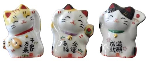 realideas Set mit 3 japanischen Mini-Figuren aus Keramik, Maneki Neko, Glückskatze, winkendes Glück, Dekoration, Ornamente für Heimdekoration, Geschenke für Mutter, Freundin