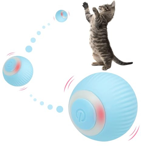 Tekenewbse Katzenspielzeug Elektrisch, 360 Grad Rollbal Interaktives Katzenspielzeug USB Wiederaufladbarer, Katzenball Elektrisch mit LED-Licht Powerball Spielzeug Katze Stimulierung Jagdtriebs (Blau)