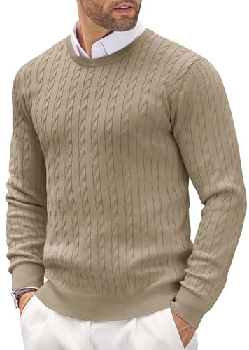 COOFANDY Pullover für Herren Zopfmuster Pullover mit Rundhals Kragen Slim fit Langarm Winterpullover Kamel M