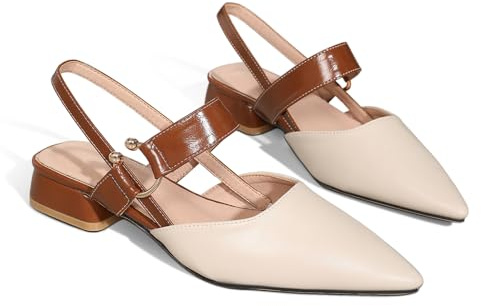 qibusleen Damen Cross Strap Low Block Chunky Heeled Slingback Pumps, Cute Metal Ring Closed Pointed Toe Sandals Heels for Women Casual Dress Slip On Schuhe-Beige-39