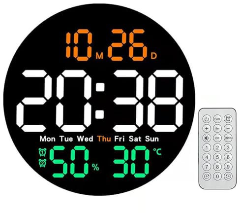 Kexpery 25,4 cm (10 Zoll), Luftfeuchtigkeit, Temperatur, Datum, Fernbedienung, kabellos, Thermometer, Hygrometer, Doppelalarm, farbig, LED, Wandkalender, Uhr für Wohnzimmer Schlafzimmer (mu