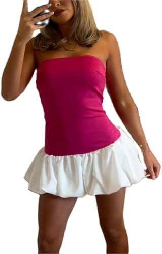 YongXinMY Mini vestido sin tirantes para mujer, falda de burbujas, vestido corto con hombros descubiertos, corsé superior, vestido de globo, fiesta de club