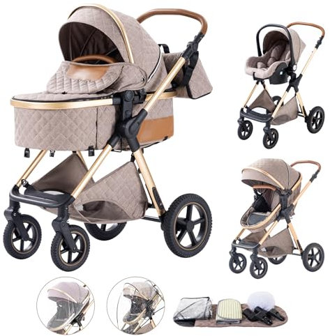 Shineey Kinderwagen 3 in 1,Puppenwagen Mit Babyschale Höhenverstellbarer Buggy Komplettset Faltbare tragbare,KombiKinderwagen Mit Aluminiumrahmen für Neugeborene 0 bis 3 Jahre (H2KHAKI, H2)