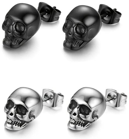 EAVUYIS 2 Paar Halloween Karneval Totenkopf Piercing Ohr Herren Ohrringe Schädel Ohrstecker Edelstahl Hip Hop Punk Jazz Ohr Schmuck Punk Edelstahl Ohrstecker Totenkopf Ohrringe Rock