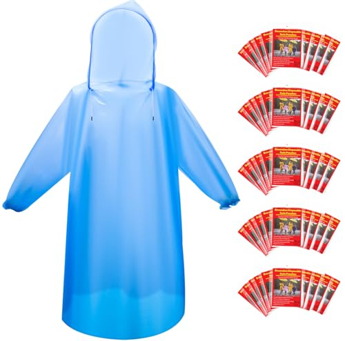 Bruvoalon 6, 20 & 50 Pack Disposable Rain Ponchos for Adults, Waterproof PE with Drawstring Hood and Elastic Cuffs