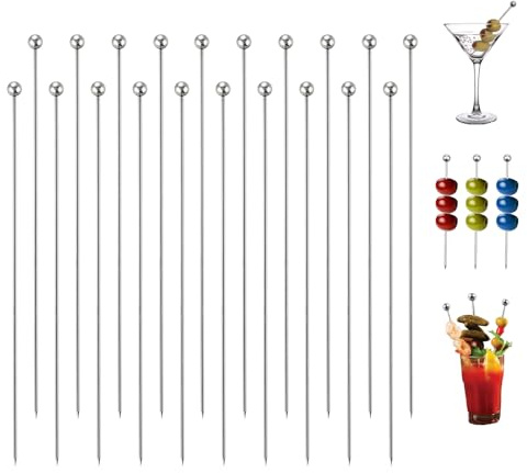 20 Pcs Cocktail Sticks,Metal Cocktail Picks,Stainless Steel Fruit Sticks,Reusable Drink Picks for Olive Fruit Skewers Decorative