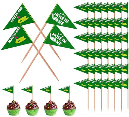 50pcs Hole in One Golf Toothpick Flags, Mini Golf Themed Cake Toppers Food Stick Flag Cupcake Decor for Birthday Party Celebration Bar Decorations