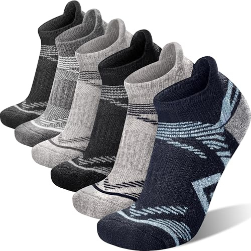 ANTSANG Merino Wool Ankle Hiking Socks Compression Warm Thermal Thick Cushion Winter Running No Show Moisture Wicking Socks Gifts Stocking Stuffers for Women Men 6 Pairs(Gray/Blue,M)