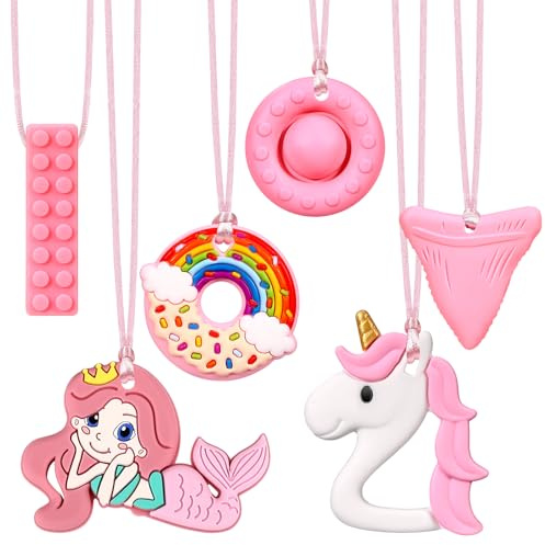 Mexgcom Massaggia Gengive Neonati, 6 Pezzi Collana Masticata, Giocattoli ad Anello del Morso, Bambini Sensoriali in Silicone per il Giocattolo con ADHD, Dentizione e Fine Pungente (Rosa)