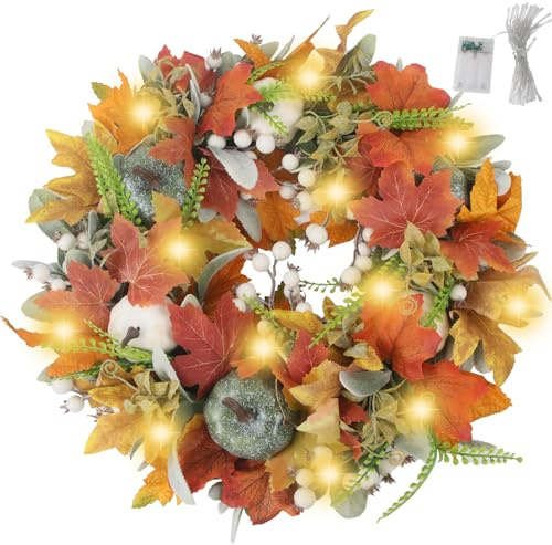 Autumn Wreath Front Door, 45CM/17Inch Halloween Pumpkin Door Wreaths with Artificial Maple Harvest Pumpkins Maple Leaf Fall Wreath for Halloween Thanksgiving Holiday Decoration