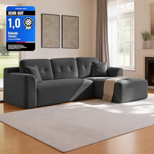 VASAGLE Divano Angolare, Divano Modulabile 244 cm, Consegnato Compresso in Collo, Senza Montaggio, con Ampia Chaise Longue a Destra, per Soggiorno, Camera degli Ospiti, Grigio Ardesia LCS184GN01