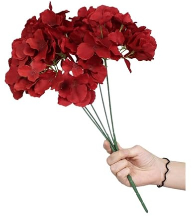 ROEUIPG 5 teste retrò ortensia seta rossa fiori artificiali fai da te autunno for la festa di nozze decorazione della casa finta peonia ortensia bouquet da sposa(Red)