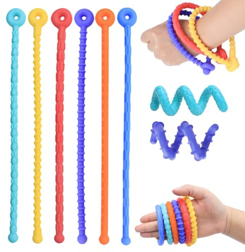 Juguta 6 Piezas Juguetes de Cuerda Elástica, Juguetes Sensoriales Fidget Ajustables Pulseras Texturizadas Calmantes Anillos Sensoriales Silenciosos para Manos para Niños y Adultos