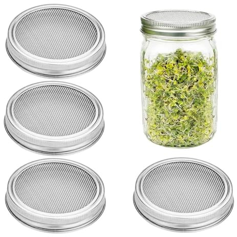 PLUSHCEWT 4er Set Edelstahl Sprossenglas Deckel, 86mm Keimglas Deckel mit Kressesieb Passend für Einmachgläser, ideal für Sprossen, Kresse & Samenanzucht
