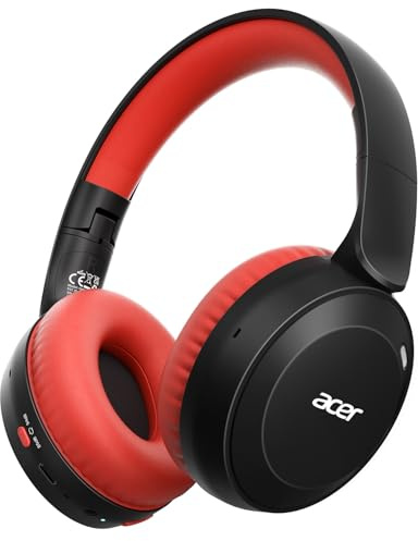 Acer Kids Bluetooth Headphones, 85/94dB Volume Limiter, Foldable Wireless Over-Ear Headphones for iPad, Travel, 60H Playtime, Bluetooth 6.0, Built-in Mic, Black Red