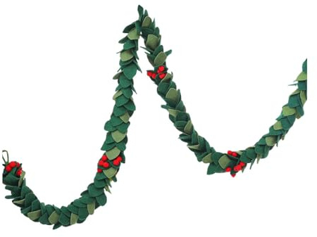 182 cm Weihnachtsgirlande, Handgefertigte Weihnachts-Stechpalmen-Girlande, Filz-Blätter mit Mistelzweigen und Beeren, Grün und Rot, für Kamin, Tür, Tisch, Hochzeit, Party und Festliche Dekoration
