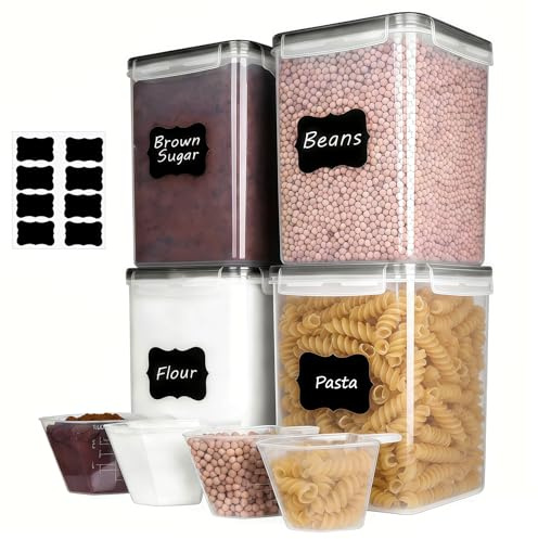 CHUNGG Airtight Food Cereal Storage Containers 2.5 L, Reusable Food Containers with Lids,with Measuring Cups and Labels, Kitchen Storage Container for Flour, Sugar, Rice, Pasta, Cereal Set of 4