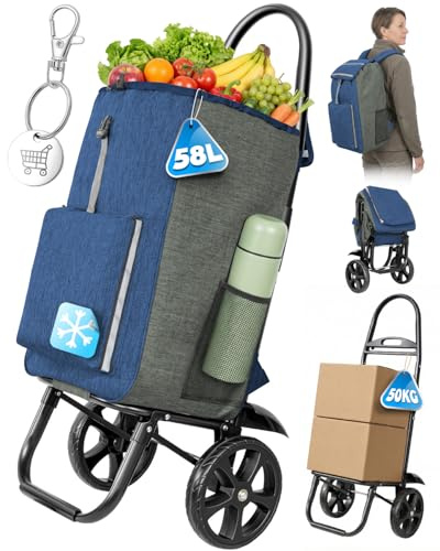 Einkaufstrolley klappbar mit 55L+5L kühlfunktion, Rucksack, bis 50 kg, XXL | 3-in-1 Einkaufswagen Modern Einkaufstasche mit Rollen, Chip, Shopping Trolley & Sackkarre für Supermarkt, Wochenmarkt, Reisen