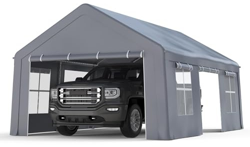 13 x 20FT Heavy Duty Carport with Roll-Up Windows, 220 g PE Portable Garage with Removable Sidewalls & Doors, Portable Car Tent Garage with Roll-Up Windows and All-Season Tarp, for Car, Truck,