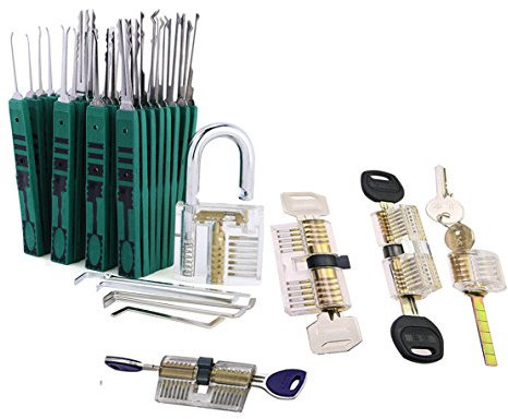 TPM Go 32-teiliges Dietrich-Werkzeug mit 5 transparenten Trainingsschlössern, transparentes Lockpicking-Übungs-Set.