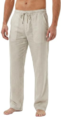 Sterling Sports Mens Trousers Summer Linen Tracksuit Bottoms Men - Quick Dry Mens Tracksuit Bottoms for Yoga, Gym, Work, Office, Running & Holiday Pants Beach Trousers for Men (Stone, Large)