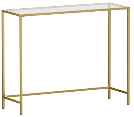 VASAGLE Konsolentisch, Beistelltisch, Oberfläche aus Hartglas, moderner Sofatisch, einfacher Aufbau, verstellbare Füße, Wohnzimmer, Flur, helles Gold-transparent LGT26G