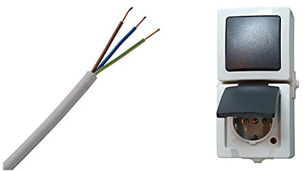 Kopp 150825001 NYM-J 3 x 1,5 mm² Feuchtraum-Kabel, 25 m-Ring & 138556008 Nautic Steckdose und Schalter Kombination für Feuchtraum, grau