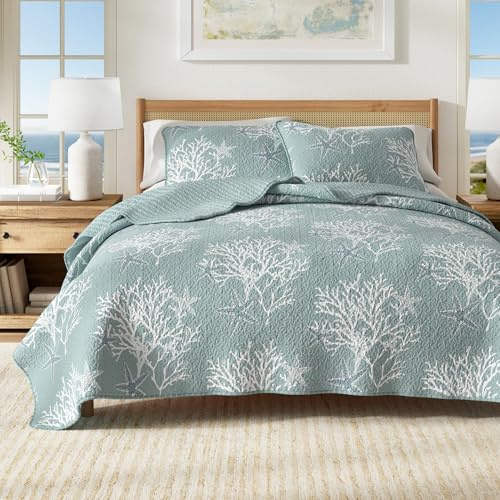 Great Bay Home - Set di 3 trapunte a tema spiaggia costiera, in morbida microfibra per tutte le stagioni, copriletto reversibile e copriletto, collezione Fenwick (Twin, blu etere)