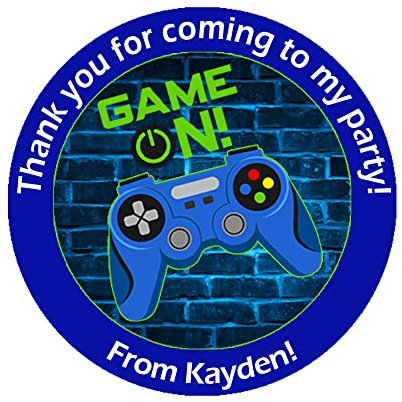 24 x Personalised Gaming Birthday Stickers for Party Thank You Sweet Cone Bags Video Games Party Bus - (D1 - Blue)
