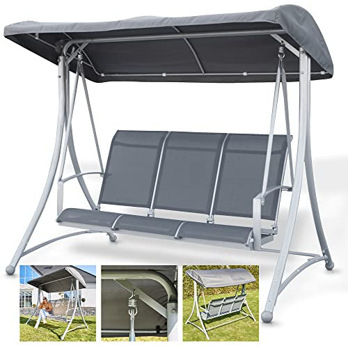 HECHT 3 Sitzer Hollywoodschaukel mit Metall Gestell & verstellbarem Sonnendach – Dachbezug abnehmbar – Textiler Sitzbezug – Outdoor Schaukelliege für Garten, Terrassen & Balkon