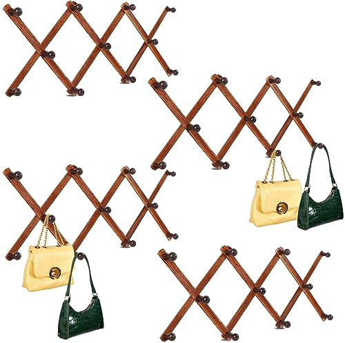 Taiyin 4 Pcs Expandable Hat Rack Coat Rack Wooden Accordion Wall Hanger Wall Mount Hat Holder for Hanging Coffee Mug Cup Jackets Purses Necklaces Towels Leash Belt Umbrella(11 Hooks,Carbonization)