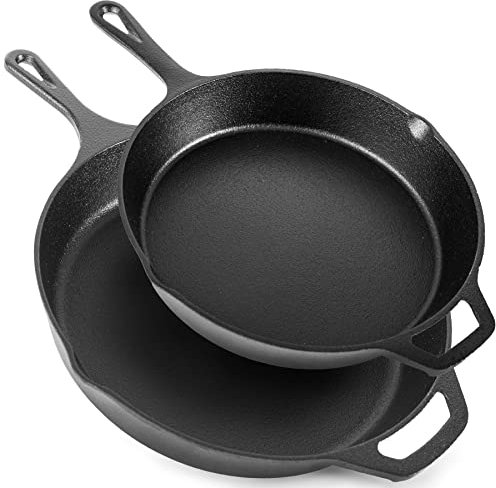 nuovva 2pcs Cast Iron Skillet Set – Pre Seasoned Skillet Frying Pan – Oven Safe Grill Cookware Set for Outdoor & Indoor Use – (Chef Set 10-inch 25cm and 12-inch 30cm)