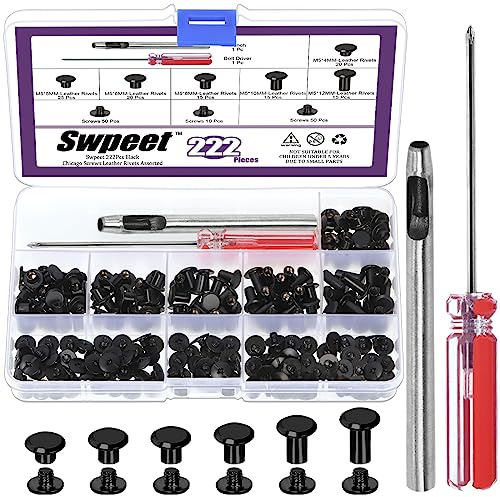 Swpeet M5 Chicago Screws 110 Set 6-Größen M5 x 4mm/5mm/6mm/8mm/10mm/12mm Bronze Leder Nieten Chicago Bindungsschrauben mit Installationswerkzeugen Sortiment Kit, Schraubennieten M5 Chicago Bindung
