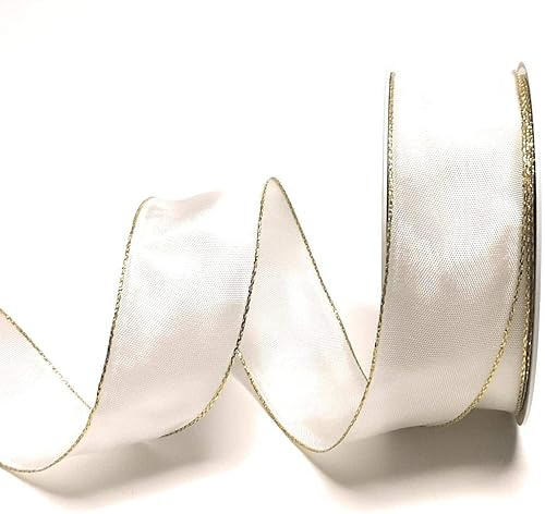 s.dekoda Schleifenband 25m x 40mm Weiß - Gold Drahtband Geschenkband Dekoband [5121]