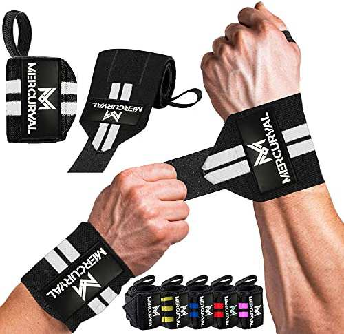 MERCURYAL 2 Muñequeras Gym - Muñequeras Crossfit - Accesorios Fitness - Muñequeras Deportivas Unisex (Negro/Blanco)