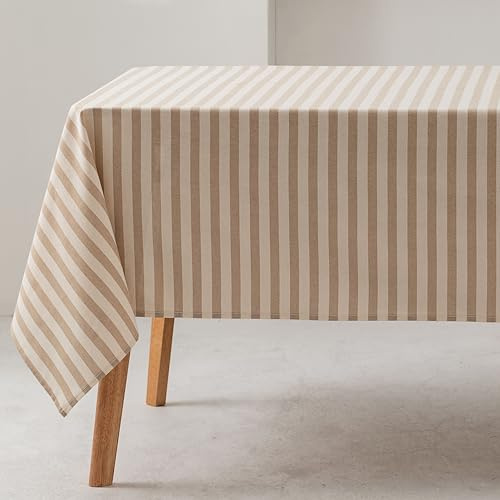 GAMUSI Tischdecke, rechteckig, gestreift, Beige, wasserdicht, Stoff, 100% Baumwolle, waschbar, Innen- und Außenbereich, 140 x 200 cm