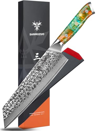 SANMUZUO Japonais Kiritsuke Couteau de Chef - Couteau de Cuisine Professionnel - lame martelée en acier Damas de 20cm et manche en résine - Série YAO