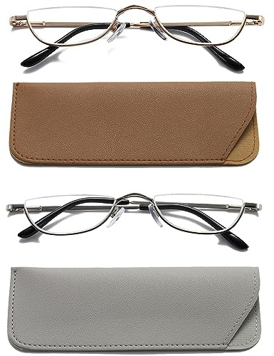 Hubeye 2 Pairs Half Moon Reading Glasses for Women and Men Metal Slim Half Frame Lens Ultra Thin Readers with Spring Hinges and Leather case 2.00
