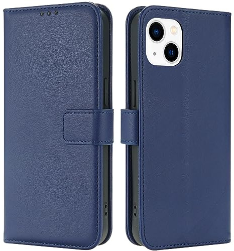 TQIAHF Läderfodral för iPhone 13/iPhone 14 med magnetisk korthållare plånbok flip plånbok stötsäkert fodral, mörkblå