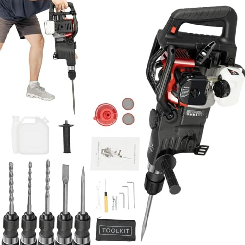 YIYIONCE 33CC Jack Hammer Concrete Breaker 1000W 2 Stroke Gas Powered Demolition Jack Hammer 4 In 1 Hammer Drilling Machine Air-Cooling Rock Drill Chisel Tool Ground Slotting, Wall Drilling