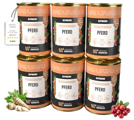 alphazoo Cibo umido per cani a cavallo, 6 x 400 g, cibo umido premium per cani, senza cereali e con elevata percentuale di carne, topolino di cavallo per adulti senza cereali e zucchero