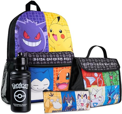Pokemon Rucksack Kinder Set 4 Teilig Trinkflasche Federmäppchen und Lunchtasche oder Anime Geldbeutel für Schule Kita Freizeit (Multi/Schwarz 4er Set)