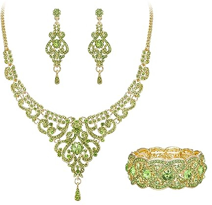EVER FAITH Statment Schmuck-Set Kristall Retro 1920er Vase Art Deco Braut Prom Halskette, Ohrringe und Stretch Armband Set für Damen Hochzeit Party Klar Silber-Ton