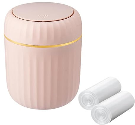 MEETOZ Desktop Trash Can,with Press Type Lid,Mini Plastic Desktop Trash Bin for Family Living Room Kitchen Bathroom Office Car Indoor Plastic Trash Can,with 60 sheets of Trash Bags (Pink)