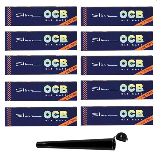 raupir Set 10 Heftchen OCB ULTIMATE Slim Papier mit Filtertips ultimativ dünnes und leichtes, extra langes, geprägtes Qualitätspapier, King Size Slim 1 Tube schwarz